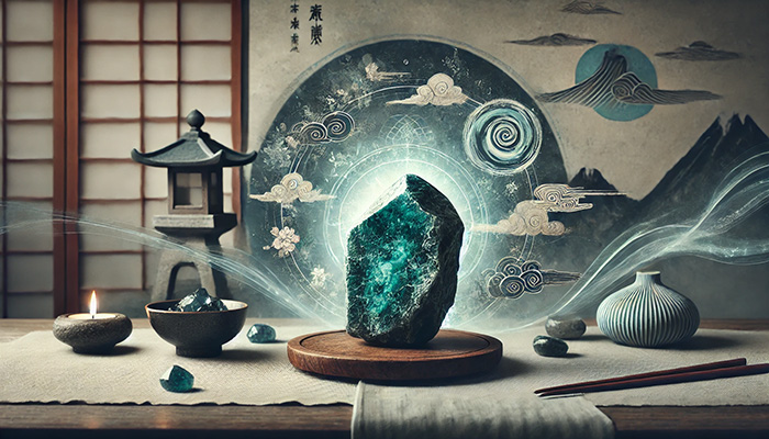 クリソコラの石言葉とは?繁栄・調和・安定をもたらす理由 DALL%C2%B7E 2025 11 30 20.26.35 A mystical scene featuring a non transparent chrysocolla raw stone blue green mineral surrounded by swirling dark and light energies symbolizing bo - クリソコラの石言葉とは?繁栄・調和・安定をもたらす理由