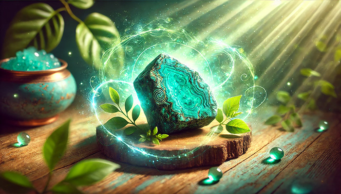 クリソコラの石言葉とは?繁栄・調和・安定をもたらす理由 DALL%C2%B7E 2025 11 30 21.16.13 A vibrant and mystical image featuring a raw chrysocolla stone with a rich turquoise blue green color surrounded by glowing energy that represents sp - クリソコラの石言葉とは?繁栄・調和・安定をもたらす理由