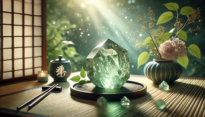 DALL%C2%B7E 2025 12 01 17.34.43 A wide aspect image of a natural green amethyst raw crystal glowing with a soft healing energy. The setting is peaceful with natural soft light emp - グリーンアメジストの石言葉とは？心の平和・調和・愛を象徴する癒しの石