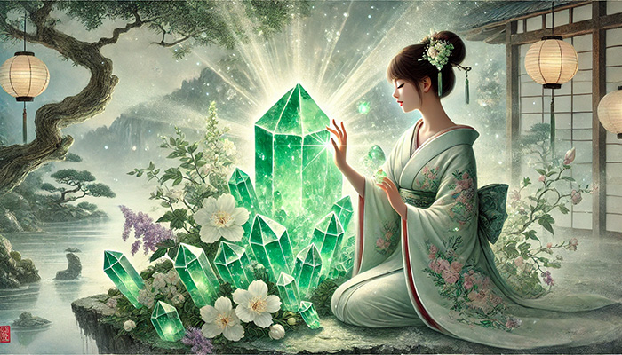 DALL%C2%B7E 2025 12 05 13.04.49 A serene and elegant image illustrating the spiritual meaning of green amethyst prasiolite as a gemstone of inner peace harmony and love. The scen - グリーンアメジストの石言葉とは？心の平和・調和・愛を象徴する癒しの石