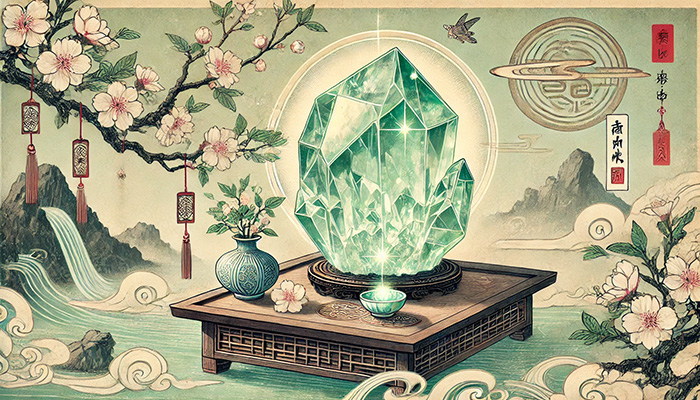 DALL%C2%B7E 2025 12 05 13.04.55 A serene Japanese ukiyo e style illustration featuring a Green Amethyst crystal cluster. The crystal radiates peaceful calming energy symbolizing ha - グリーンアメジストの石言葉とは？心の平和・調和・愛を象徴する癒しの石