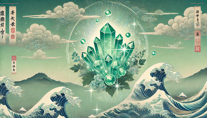 DALL%C2%B7E 2025 12 05 13.04.58 A wide aspect image in a floating ukiyo e style depicting a cluster of green amethyst crystals radiating gentle healing power. The setting is a seren - グリーンアメジストの石言葉とは？心の平和・調和・愛を象徴する癒しの石