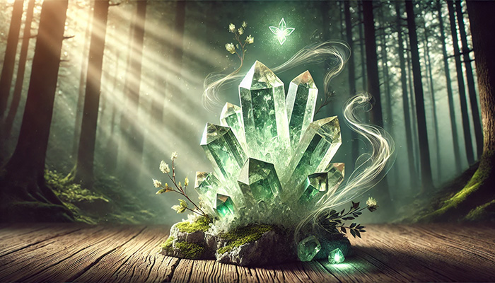 DALL%C2%B7E 2025 12 05 13.05.03 A beautiful wide image featuring a cluster of green amethyst crystals Prasiolite radiating gentle healing energy. The green amethyst crystals are se - グリーンアメジストの石言葉とは？心の平和・調和・愛を象徴する癒しの石