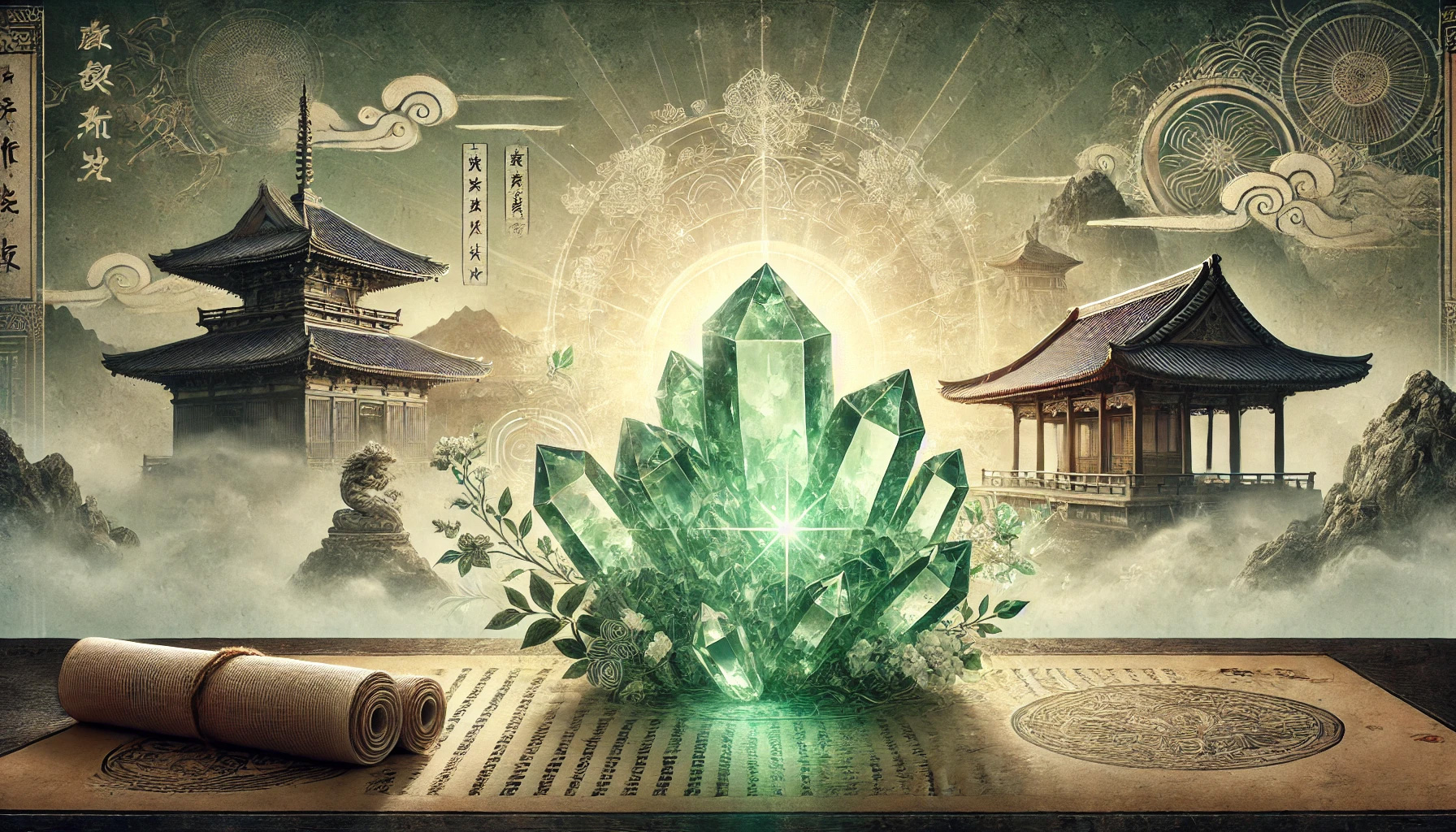 DALL%C2%B7E 2025 12 05 16.11.31 A historical and spiritual themed banner image featuring a green amethyst crystal cluster glowing with ethereal energy. The setting includes elements - グリーンアメジストの石言葉とは？心の平和・調和・愛を象徴する癒しの石