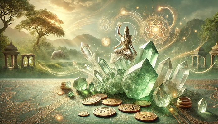 DALL%C2%B7E 2025 12 05 16.11.37 A wide format spiritual image featuring a cluster of green amethyst prasiolite crystals. The crystals are softly glowing with a gentle peaceful aur - グリーンアメジストの石言葉とは？心の平和・調和・愛を象徴する癒しの石