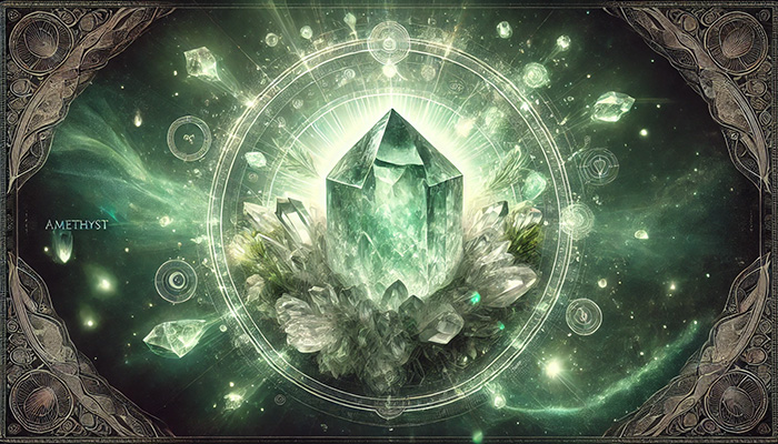 DALL%C2%B7E 2025 12 05 16.11.45 A mystical wide aspect image of a green amethyst also known as prasiolite crystal cluster surrounded by soft green spiritual energy representing pe - グリーンアメジストの石言葉とは？心の平和・調和・愛を象徴する癒しの石