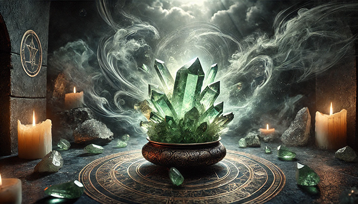 DALL%C2%B7E 2025 12 05 16.11.51 A mystical and spiritual scene featuring a cluster of green amethyst crystals prasiolite surrounded by an aura of power and dark energy representin - グリーンアメジストの石言葉とは？心の平和・調和・愛を象徴する癒しの石
