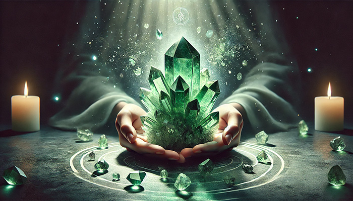 DALL%C2%B7E 2025 12 05 16.11.54 A spiritually themed wide image featuring a green amethyst crystal cluster emitting a gentle soothing energy. The scene represents the gemstones sym - グリーンアメジストの石言葉とは？心の平和・調和・愛を象徴する癒しの石
