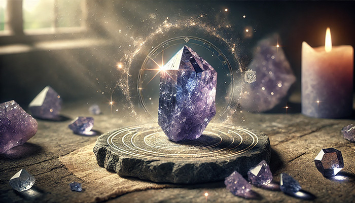 DALL%C2%B7E 2025 12 08 13.17.35 A wide format image featuring a raw iolite crystal %E3%82%A2%E3%82%A4%E3%82%AA%E3%83%A9%E3%82%A4%E3%83%88%E5%8E%9F%E7%9F%B3 with deep violet blue hues placed on a natural stone background. The crystal appears un - アイオライト 石言葉｜人生の道を示す誠実と貞操の象徴