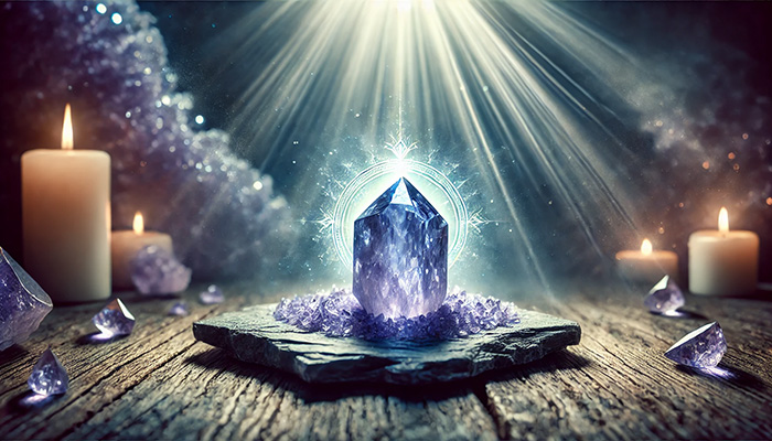 DALL%C2%B7E 2025 12 08 13.37.54 A wide visually captivating image of a raw Iolite crystal deep blue violet in color resting on a natural stone surface glowing with subtle spiritu - アイオライト 石言葉｜人生の道を示す誠実と貞操の象徴