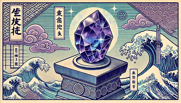DALL%C2%B7E 2025 12 08 13.38.00 A traditional Japanese ukiyo e style illustration featuring a raw Iolite crystal deep blue violet resting on a stone pedestal with mystical energy.  - アイオライト 石言葉｜人生の道を示す誠実と貞操の象徴
