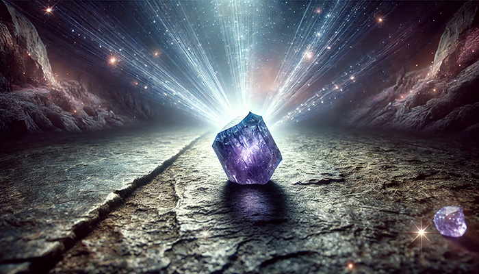 DALL%C2%B7E 2025 12 12 13.21.33 A wide aspect artistic image featuring a natural raw Iolite crystal deep violet blue color placed prominently on a textured rock surface. Radiant e - アイオライト 石言葉｜人生の道を示す誠実と貞操の象徴