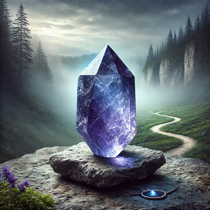 DALL%C2%B7E 2025 12 12 14.13.39 A mystical image of a raw iolite crystal also known as water sapphire resting on a natural rock surface. The iolite has a deep violet blue color wi - アイオライト 石言葉｜人生の道を示す誠実と貞操の象徴