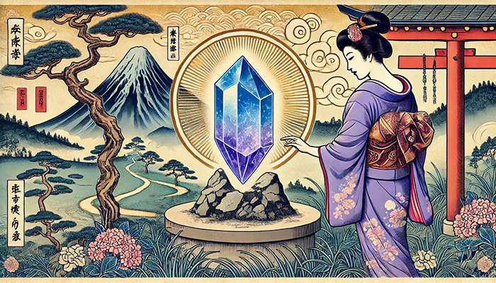 DALL%C2%B7E 2025 12 12 14.15.38 A wide format Japanese ukiyo e style illustration featuring a serene woman in a traditional kimono standing beside a glowing raw iolite crystal water - アイオライト 石言葉｜人生の道を示す誠実と貞操の象徴