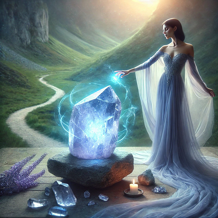 DALL%C2%B7E 2025 12 12 14.15.52 A mystical scene featuring a raw iolite crystal water sapphire with a glowing blue violet aura placed in a peaceful natural setting. Next to the cr - アイオライト 石言葉｜人生の道を示す誠実と貞操の象徴