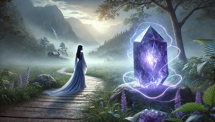 DALL%C2%B7E 2025 12 12 14.17.02 A wide format mystical scene featuring a raw iolite crystal water sapphire glowing with a deep blue violet aura. A peaceful woman stands beside the  - アイオライト 石言葉｜人生の道を示す誠実と貞操の象徴