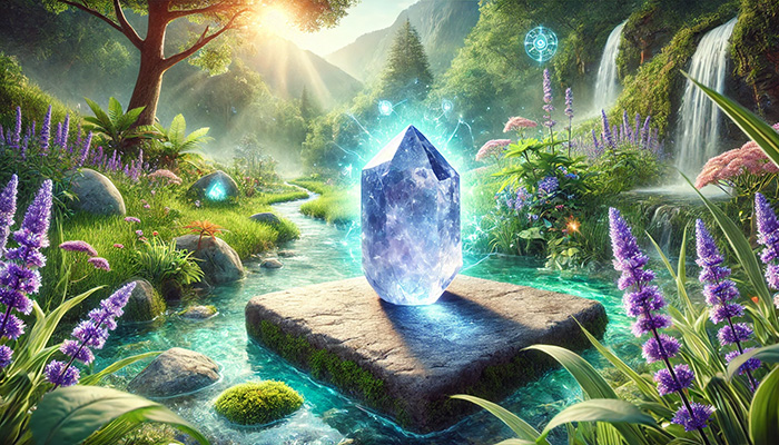 DALL%C2%B7E 2025 12 15 11.57.32 A wide format healing and peaceful scene featuring a glowing raw iolite crystal resting on a flat stone in the middle of a vibrant natural landscape.  - アイオライト 石言葉｜人生の道を示す誠実と貞操の象徴