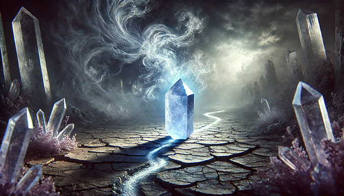 DALL%C2%B7E 2025 12 15 11.58.37 A wide format symbolic and emotional scene featuring a glowing raw iolite crystal on cracked earth radiating a soft blue violet aura. The environment - アイオライト 石言葉｜人生の道を示す誠実と貞操の象徴