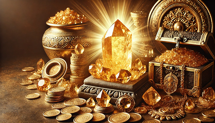 シトリンの石言葉とは?幸福・繁栄・成功・富を呼ぶ黄金の石 DALL%C2%B7E 2025 12 15 14.05.29 A wide format symbolic and luxurious scene featuring a glowing raw citrine crystal surrounded by gold coins antique treasure and fine golden jewelry - シトリンの石言葉とは?幸福・繁栄・成功・富を呼ぶ黄金の石
