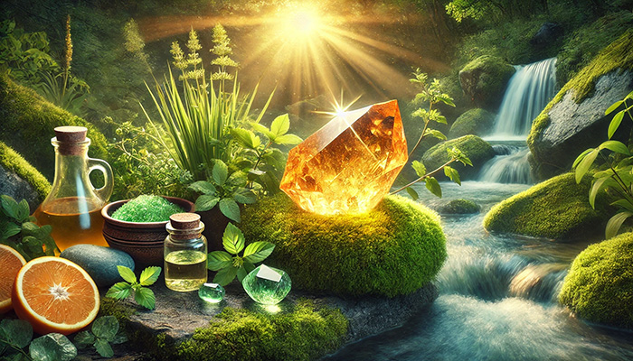 シトリンの石言葉とは?幸福・繁栄・成功・富を呼ぶ黄金の石 DALL%C2%B7E 2025 12 15 14.05.31 A wide format serene and vibrant nature scene featuring a glowing raw citrine crystal resting on a mossy rock. The citrine glows with a warm golden ye - シトリンの石言葉とは?幸福・繁栄・成功・富を呼ぶ黄金の石