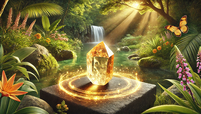 シトリンの石言葉とは?幸福・繁栄・成功・富を呼ぶ黄金の石 DALL%C2%B7E 2025 12 15 14.05.34 A wide format peaceful and healing scene showing a glowing raw citrine crystal placed on a smooth stone platform in a lush natural environment. The cr - シトリンの石言葉とは?幸福・繁栄・成功・富を呼ぶ黄金の石