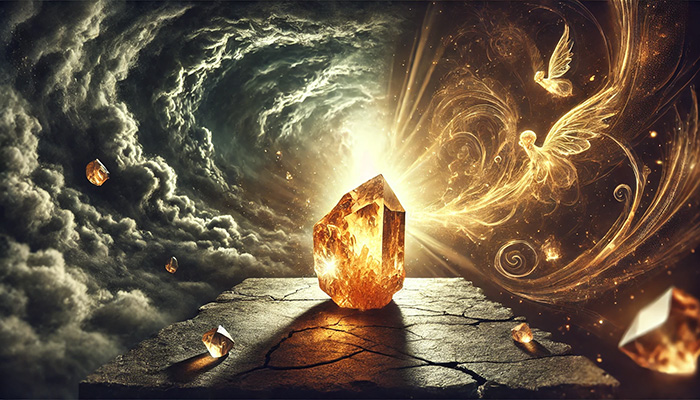 シトリンの石言葉とは?幸福・繁栄・成功・富を呼ぶ黄金の石 DALL%C2%B7E 2025 12 15 14.05.38 A wide format emotional fantasy scene showing a raw citrine crystal glowing with golden light placed on a cracked stone platform in a stormy and shad - シトリンの石言葉とは?幸福・繁栄・成功・富を呼ぶ黄金の石