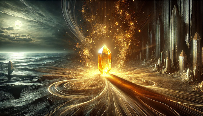 シトリンの石言葉とは?幸福・繁栄・成功・富を呼ぶ黄金の石 DALL%C2%B7E 2025 12 15 14.05.42 A wide format mystical scene showing a glowing raw citrine crystal radiating a warm golden yellow aura in a dark and shadowy landscape. The environmen - シトリンの石言葉とは?幸福・繁栄・成功・富を呼ぶ黄金の石