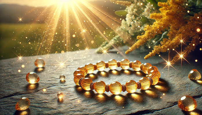 シトリンの石言葉とは?幸福・繁栄・成功・富を呼ぶ黄金の石 DALL%C2%B7E 2025 12 15 14.05.54 A wide format elegant scene showing a close up of a glowing citrine gemstone bracelet resting on a smooth stone surface in nature. The bracelet is mad - シトリンの石言葉とは?幸福・繁栄・成功・富を呼ぶ黄金の石