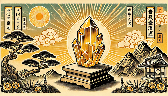 シトリンの石言葉とは?幸福・繁栄・成功・富を呼ぶ黄金の石 DALL%C2%B7E 2025 12 15 14.06.14 A wide format Japanese ukiyo e style illustration featuring a glowing raw citrine crystal placed on a rocky pedestal. The crystal emits a golden yello - シトリンの石言葉とは?幸福・繁栄・成功・富を呼ぶ黄金の石