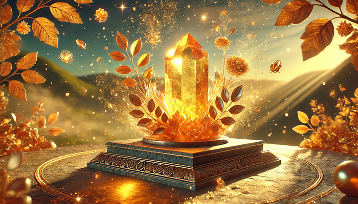 シトリンの石言葉とは?幸福・繁栄・成功・富を呼ぶ黄金の石 DALL%C2%B7E 2025 12 15 14.06.23 A wide format alternate version of a vibrant scene featuring a raw citrine crystal glowing with a golden yellow aura. The crystal rests on an elegant - シトリンの石言葉とは?幸福・繁栄・成功・富を呼ぶ黄金の石