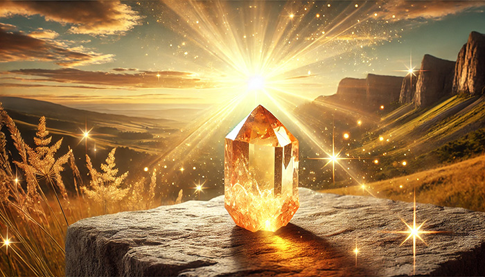 シトリンの石言葉とは?幸福・繁栄・成功・富を呼ぶ黄金の石 DALL%C2%B7E 2025 12 15 14.06.28 A wide format radiant scene featuring a raw citrine crystal glowing with a golden yellow aura placed on a natural rock surface. The background featur - シトリンの石言葉とは?幸福・繁栄・成功・富を呼ぶ黄金の石