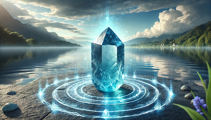 DALL%C2%B7E 2025 12 15 15.37.40 A wide format serene and mystical scene featuring a raw blue apatite crystal glowing with a cool blue aura. The crystal rests on a stone surface surro - アパタイトの石言葉とは？信頼・調和・知恵を育む心の絆の石