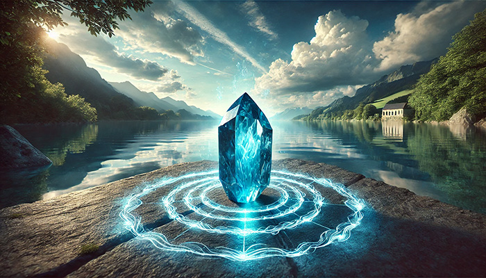 DALL%C2%B7E 2025 12 15 15.37.43 A wide format serene and mystical scene featuring a raw blue apatite crystal glowing with a cool blue aura. The crystal rests on a stone surface surro - アパタイトの石言葉とは？信頼・調和・知恵を育む心の絆の石