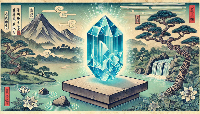 DALL%C2%B7E 2025 12 15 15.37.50 A wide format Japanese ukiyo e style illustration featuring a glowing raw blue apatite crystal on a stone platform. The crystal emits a soft blue aura - アパタイトの石言葉とは？信頼・調和・知恵を育む心の絆の石