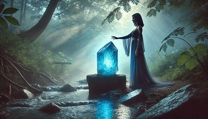 DALL%C2%B7E 2025 12 15 15.37.55 A wide format peaceful and spiritual scene featuring a glowing raw blue apatite crystal next to a serene woman. She stands calmly in a natural setting - アパタイトの石言葉とは？信頼・調和・知恵を育む心の絆の石