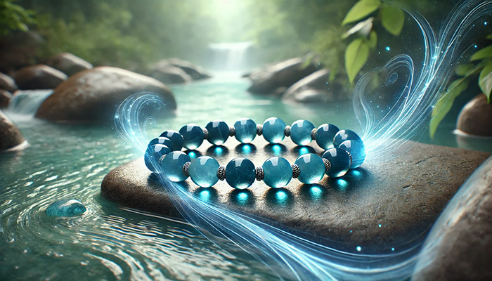 DALL%C2%B7E 2025 12 15 15.37.58 A wide format calming and elegant scene featuring a close up of a blue apatite gemstone bracelet resting on a smooth stone surface in nature. The brac - アパタイトの石言葉とは？信頼・調和・知恵を育む心の絆の石