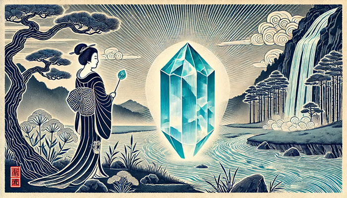 DALL%C2%B7E 2025 12 15 15.38.01 A wide format Japanese ukiyo e style illustration featuring a glowing raw blue apatite crystal and a graceful woman in a traditional kimono. The woman - アパタイトの石言葉とは？信頼・調和・知恵を育む心の絆の石