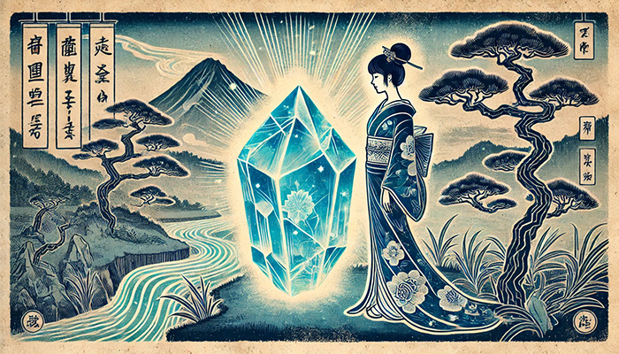 DALL%C2%B7E 2025 12 15 15.38.02 A wide format Japanese ukiyo e style illustration featuring a glowing raw blue apatite crystal and a graceful woman in a traditional kimono. The woman - アパタイトの石言葉とは？信頼・調和・知恵を育む心の絆の石