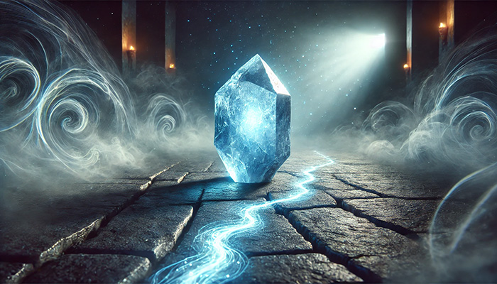 DALL%C2%B7E 2025 12 15 15.38.06 A wide format emotional and symbolic scene featuring a glowing raw blue apatite crystal radiating a soft blue aura in a dark foggy environment. The c - アパタイトの石言葉とは？信頼・調和・知恵を育む心の絆の石