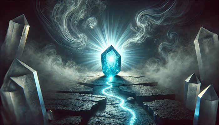 DALL%C2%B7E 2025 12 15 15.38.07 A wide format emotional and symbolic scene featuring a glowing raw blue apatite crystal radiating a soft blue aura in a dark foggy environment. The c - アパタイトの石言葉とは？信頼・調和・知恵を育む心の絆の石