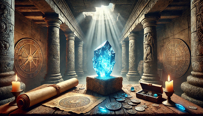 DALL%C2%B7E 2025 12 15 15.38.26 A wide format historical fantasy scene featuring a glowing raw blue apatite crystal placed on an ancient stone altar surrounded by weathered scrolls  - アパタイトの石言葉とは？信頼・調和・知恵を育む心の絆の石