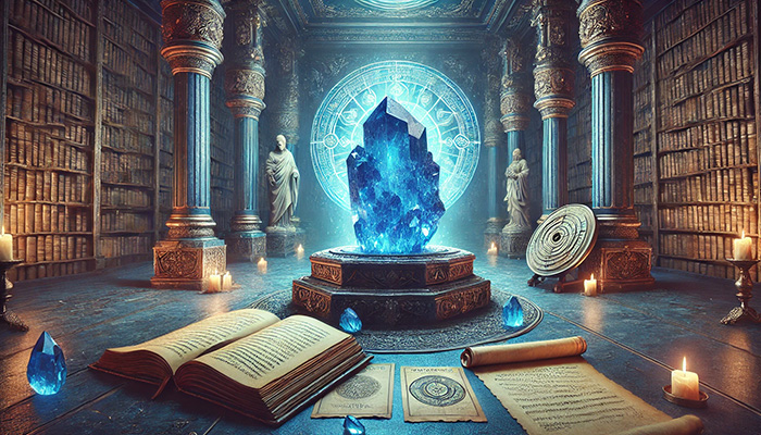 DALL%C2%B7E 2025 12 15 15.38.28 A wide format alternate historical fantasy scene featuring a glowing raw blue apatite crystal on a stone pedestal in a grand ancient library or archiv - アパタイトの石言葉とは？信頼・調和・知恵を育む心の絆の石
