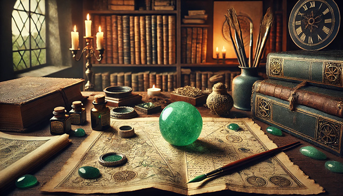 DALL%C2%B7E 2025 12 15 18.01.22 A wide format alternate historical scene featuring a matte green aventurine tumbled stone glowing softly on a wooden scholar%E2%80%99s desk surrounded by anci - アベンチュリンの石言葉とは？心の安定と優しさを育む癒しの石