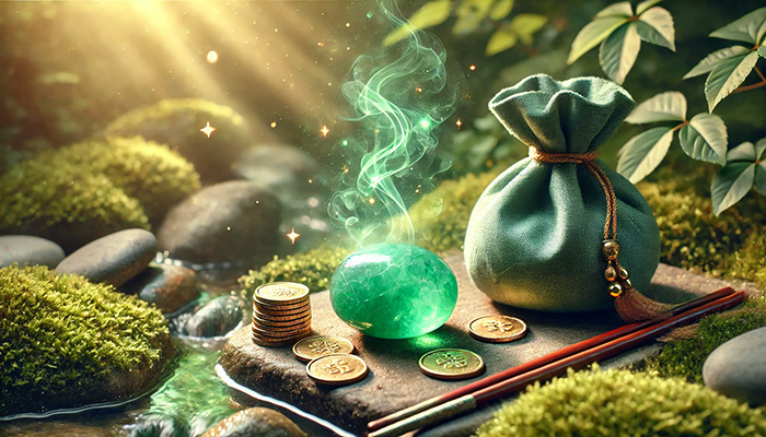 DALL%C2%B7E 2025 12 15 18.01.31 A wide format symbolic and calming scene featuring a matte green aventurine tumbled stone glowing with a soft green aura placed beside a small pile o - アベンチュリンの石言葉とは？心の安定と優しさを育む癒しの石