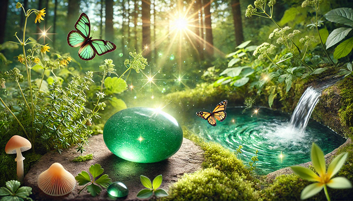 DALL%C2%B7E 2025 12 15 18.01.37 A wide format peaceful and rejuvenating nature scene featuring a matte green aventurine tumbled stone glowing with a soft green aura symbolizing heal - アベンチュリンの石言葉とは？心の安定と優しさを育む癒しの石