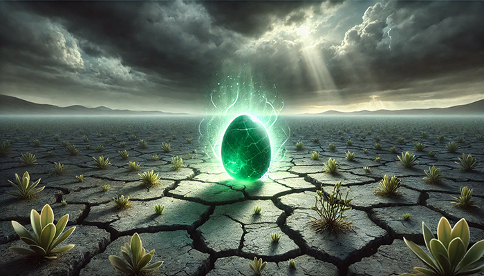 DALL%C2%B7E 2025 12 15 18.01.40 A wide format alternate symbolic scene featuring a matte green aventurine tumbled stone glowing gently in a barren grey toned landscape. The environm - アベンチュリンの石言葉とは？心の安定と優しさを育む癒しの石