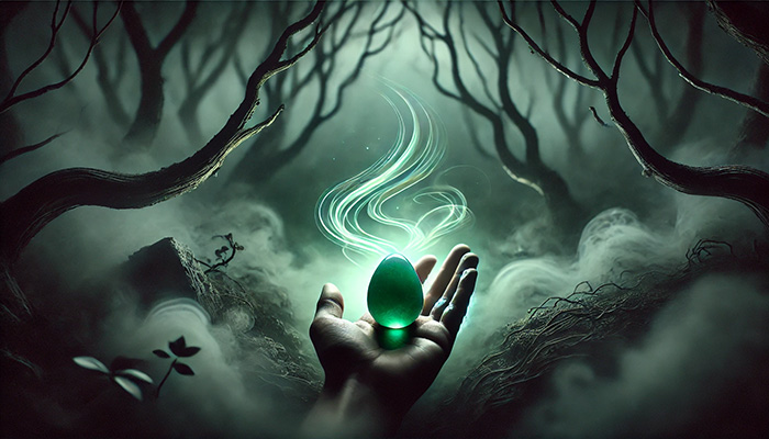 DALL%C2%B7E 2025 12 15 18.01.43 A wide format symbolic scene featuring a matte green aventurine tumbled stone glowing softly in a shadowy foggy forest. Negative energy is symbolized - アベンチュリンの石言葉とは？心の安定と優しさを育む癒しの石