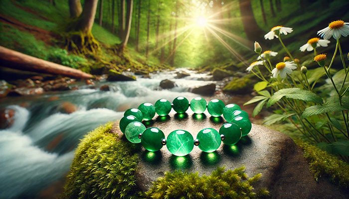 DALL%C2%B7E 2025 12 15 18.01.51 A wide format serene and natural scene featuring a green aventurine bracelet made of matte tumbled stones resting on a mossy rock near a forest strea - アベンチュリンの石言葉とは？心の安定と優しさを育む癒しの石