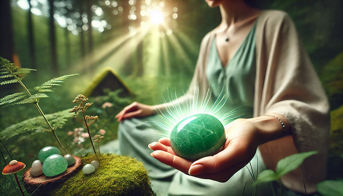 DALL%C2%B7E 2025 12 15 18.01.53 A wide format peaceful and healing scene featuring a matte green aventurine tumbled stone glowing with a soft green aura. A gentle serene woman sits  - アベンチュリンの石言葉とは？心の安定と優しさを育む癒しの石