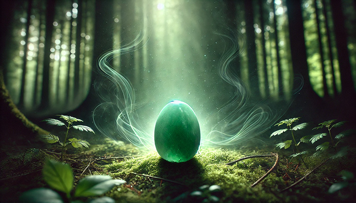 DALL%C2%B7E 2025 12 15 18.02.02 A wide format emotional and peaceful scene featuring a matte green aventurine tumbled stone glowing with a soft green aura in a dim shadowy forest. T - アベンチュリンの石言葉とは？心の安定と優しさを育む癒しの石